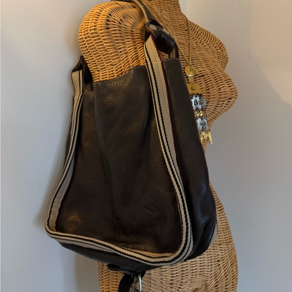 Chocolate brown Leather Tote/shoulder Bag with Striped Accents